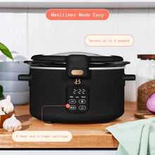 Black 4-quart digital slow cooker with hinged locking lid and timer controls