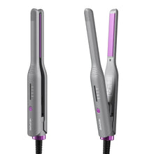 Mini hair straightener and curler, gray with purple heating plates, two angles