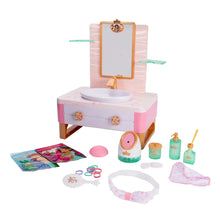 Kids spa play set with pink vanity, mirror, sink, bottles, accessories, and cloth