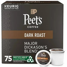 Peet's Coffee dark roast K-Cup pod box, 75-count label with pod cup graphic