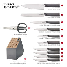 12-piece knife and shear set lineup with storage block and chef knife