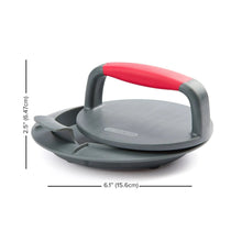 Burger press with size indicators on a gray-and-red handle and base