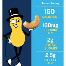 Cashew snack canister side with mascot graphic and serving nutrition numbers