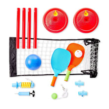 3-in-1 game set with two paddles, blue ball, and net-and-post pieces