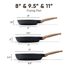 Nonstick frying pan set size diagram: 8, 9.5, and 11 in pans with wood handles