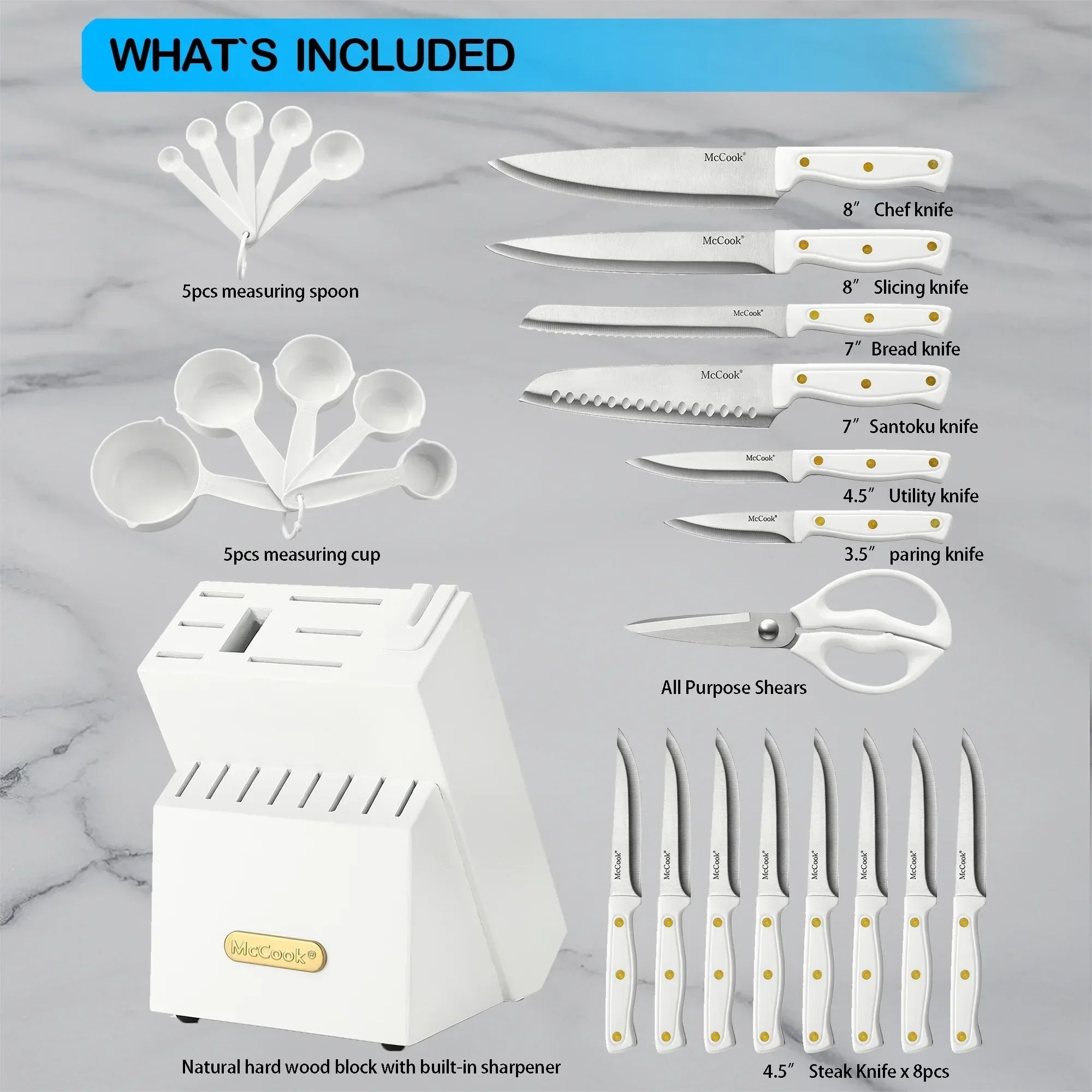McCook DISHWASHER SAFE MC701 Knife Sets of 26, Stainless Steel Kitchen Knives Block Set with Built-in Knife Sharpener, Measuring Cups and Spoons - USA MEGA SHOP