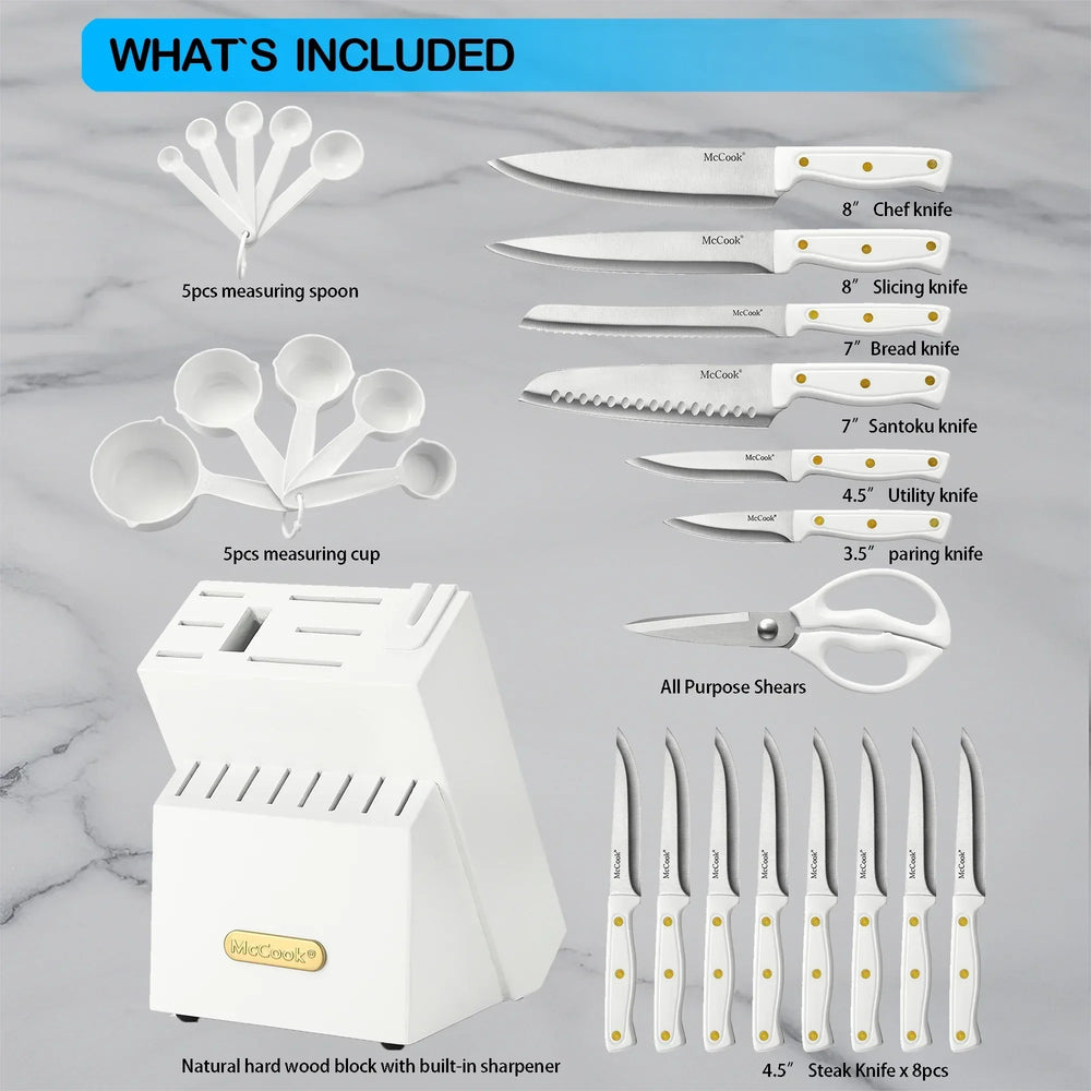 McCook DISHWASHER SAFE MC701 Knife Sets of 26, Stainless Steel Kitchen Knives Block Set with Built-in Knife Sharpener, Measuring Cups and Spoons - USA MEGA SHOP