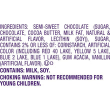 Ingredients list for chocolate mini eggs: semi-sweet chocolate, sugar, milk, soy