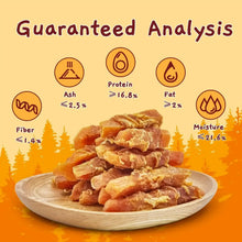 Sweet potato and chicken dog chew bites on a wooden plate with analysis icons