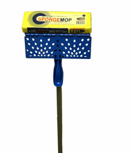 Cellulose sponge mop with blue dotted head and yellow sponge on olive handle