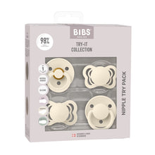 BIBS pacifier try-it collection in ivory, four pacifiers in a display box