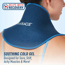 Blue gel-infused compression neck and shoulder wrap with curved padded design