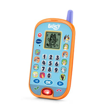 VTech Bluey ring phone with purple antenna, LCD screen and numbered keypad