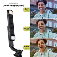 Collapsible selfie stick tripod with LED light bar and adjustable light temperature module