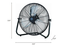 Black steel floor fan with circular grille, curved base, and overall dimensions