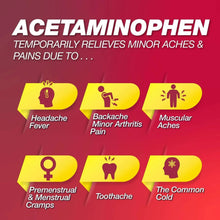Acetaminophen pain relief panel with icons for headache, backache, muscle aches