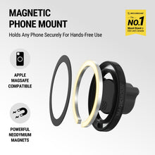 Magnetic phone mount with black bracket and gold-and-black magnet rings, white background