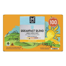 Light roast coffee pods box front view with Breakfast Blend label and 100 cups badge