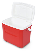 Red ice chest cooler with open white lid and empty insulated interior, front view