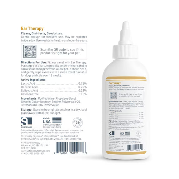 Veterinary Formula Clinical Care Ear Therapy for Dogs and Cats - Soothing Ear Cleaner, 4 oz