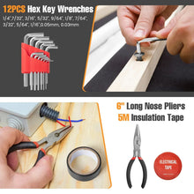 Hex key wrench set with long nose pliers and electrical tape assortment