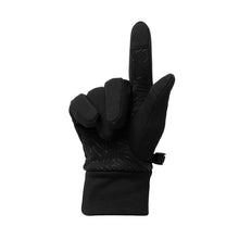 Black softshell gloves, textured palm with adjustable wrist strap