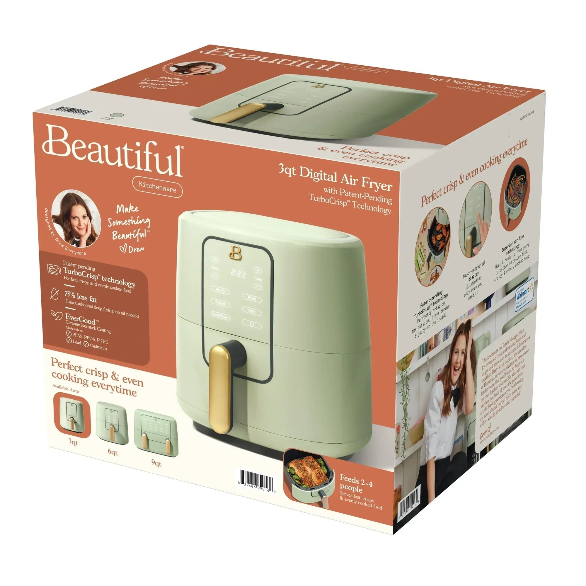 Beautiful 3 Qt Air Fryer with TurboCrisp Technology, EverGood Ceramic Nonstick Coating, Thyme Green by Drew Barrymore