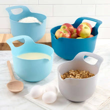 Set of blue and white plastic mixing bowls with integrated handles, for ingredients