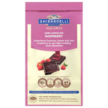 Dark chocolate raspberry squares back panel with product details and icons