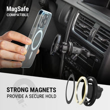 Black MagSafe-compatible phone mount with magnetic ring adapter and car vent mount