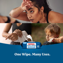 Huggies XL unscented wipes being used on a child, with wipe packet nearby