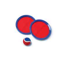 Two red toss-and-catch discs with blue rims and a red-and-blue ball.