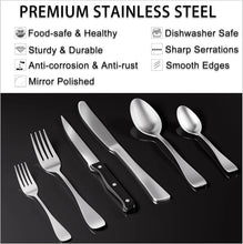 Mirror-finished stainless steel flatware assortment with forks, spoons, and knives