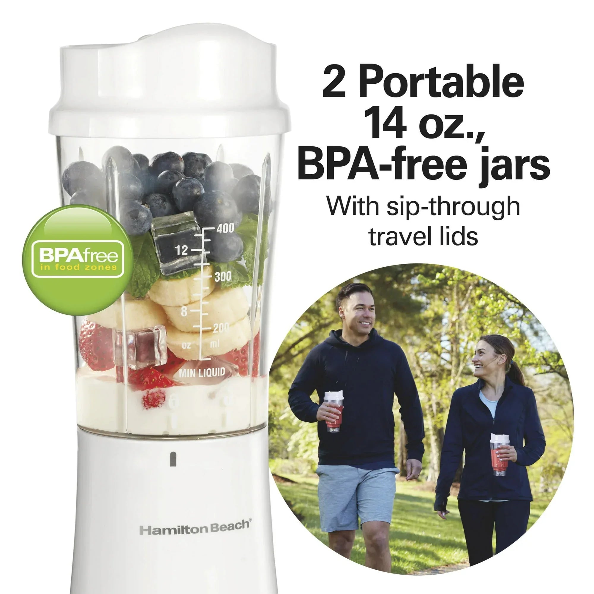 Hamilton Beach Personal Blender for Smoothies with 2 Travel Jars and Lids, White
