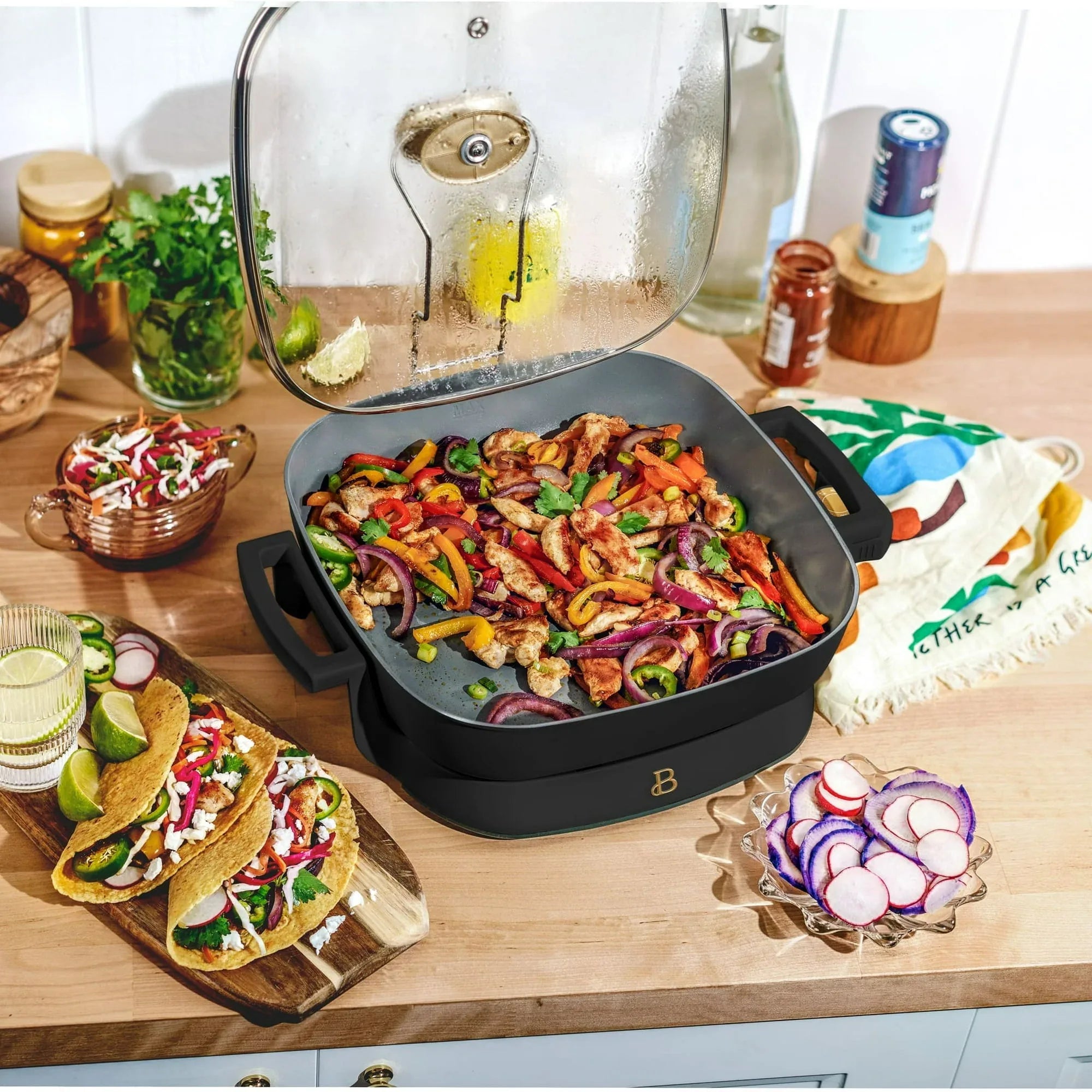 Beautiful 5 in 1 Electric Skillet - Expandable up to 7 Qt with Glass Lid, Black Sesame by Drew Barrymore - USA MEGA SHOP