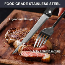 Food-grade stainless steel steak knife with fork and blade on a cutting board