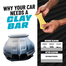 Hand holding a yellow clay bar over a car hood with spray bottle nearby
