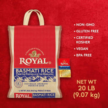 Royal basmati rice bag, net wt 20 lb, with gluten-free and kosher callouts