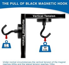 Black magnetic hook on a metal bar with curved hook end and hanging weight