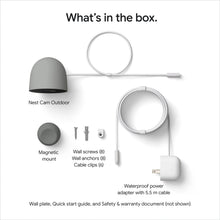 Outdoor security camera kit with wall plate, cable clips, and power adapter