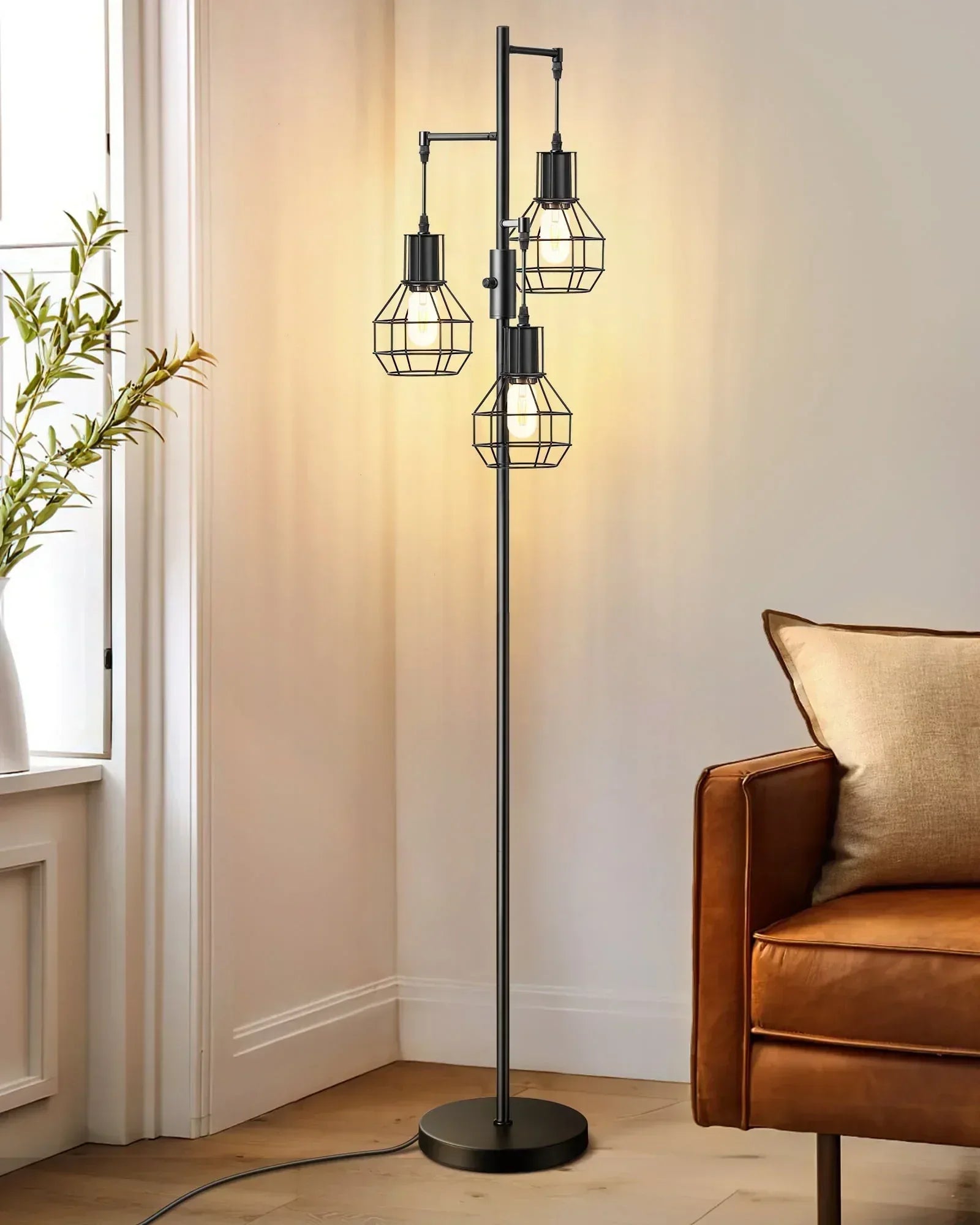 EDISHINE 65IN Farmhouse Industrial Black Floor Lamps for Living Room, Dimmable, Metal Standing Tree Lamp for Bedroom, Office, Home Decor, Lighting, 3 LED Bulb Included - USA MEGA SHOP