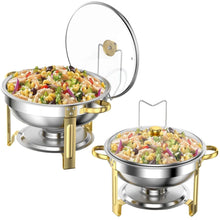 5qt stainless chafing dish set with glass lids and gold frame, round food warmers