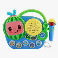 Children's boombox karaoke microphone toy with speaker, blue handheld mic, character buttons