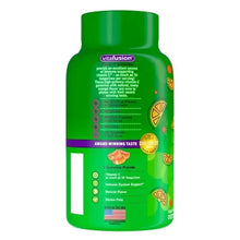 Vitamin C gummy bottle back with ingredient highlights and orange slice graphics
