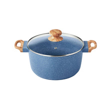 Blue speckled Dutch oven with lid and acacia wood side handles