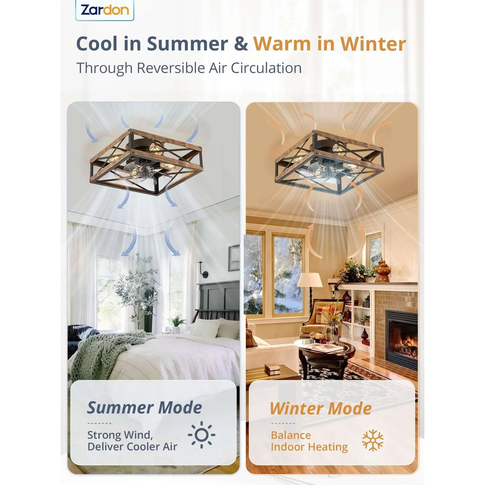 Zardon 16" Low Profile Caged Ceiling Fan with Light & Remote Control, Modern Brown Wood Finish, 6-Speed Quiet DC Motor for Indoor Spaces - USA MEGA SHOP