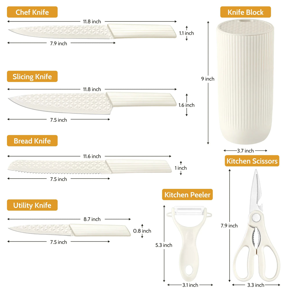 Joyfair Kitchen Knife Set, 7 Pcs Stainless Steel White Knives Block Set for Chef, Super Sharp Professional Knife Set with Universal Knife Block for Home Restaurant, Non-Stick & Anti-Rust - USA MEGA SHOP