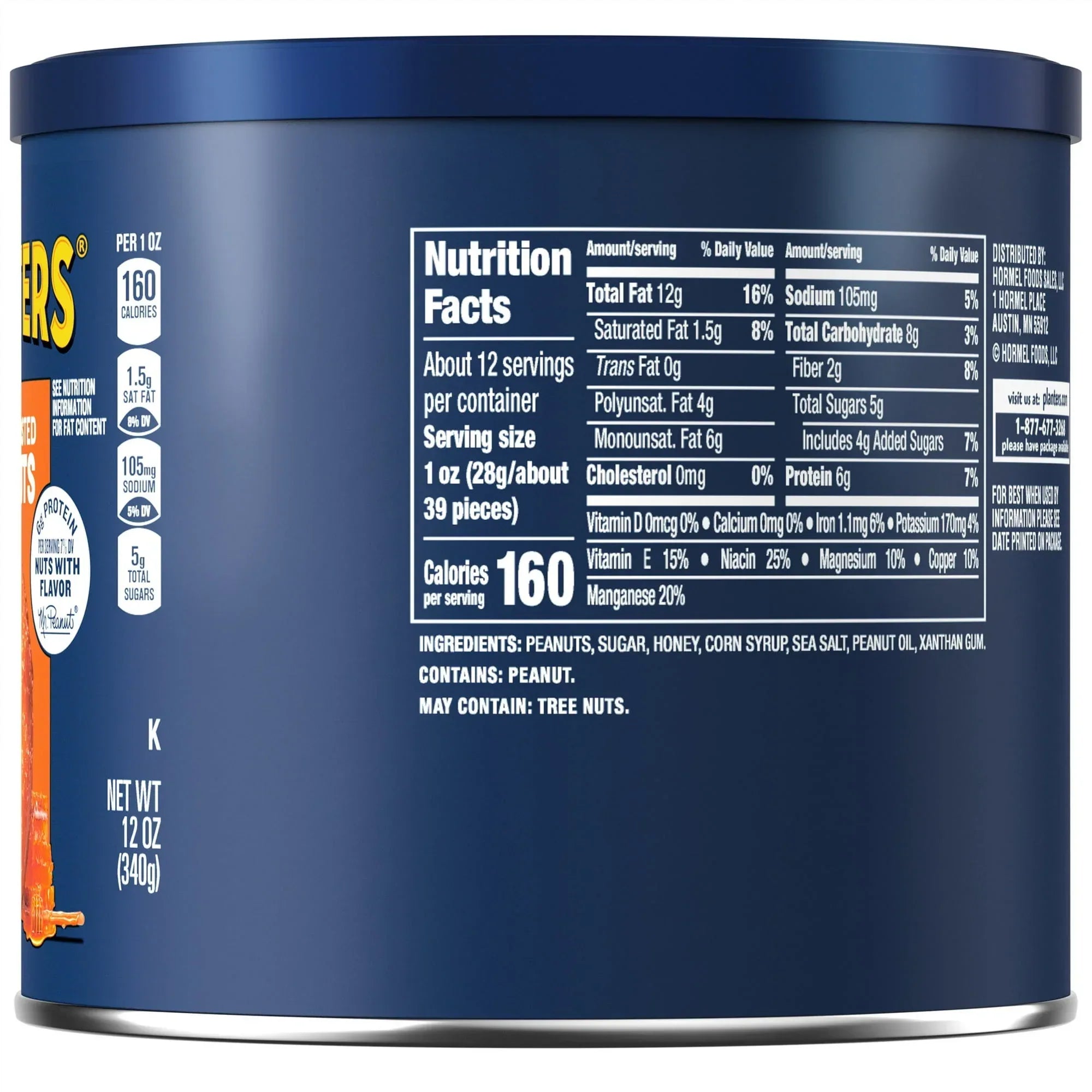 PLANTERS Honey Roasted Peanuts, Sweet and Salty Snacks, Plant Based Protein, 12 oz Canister