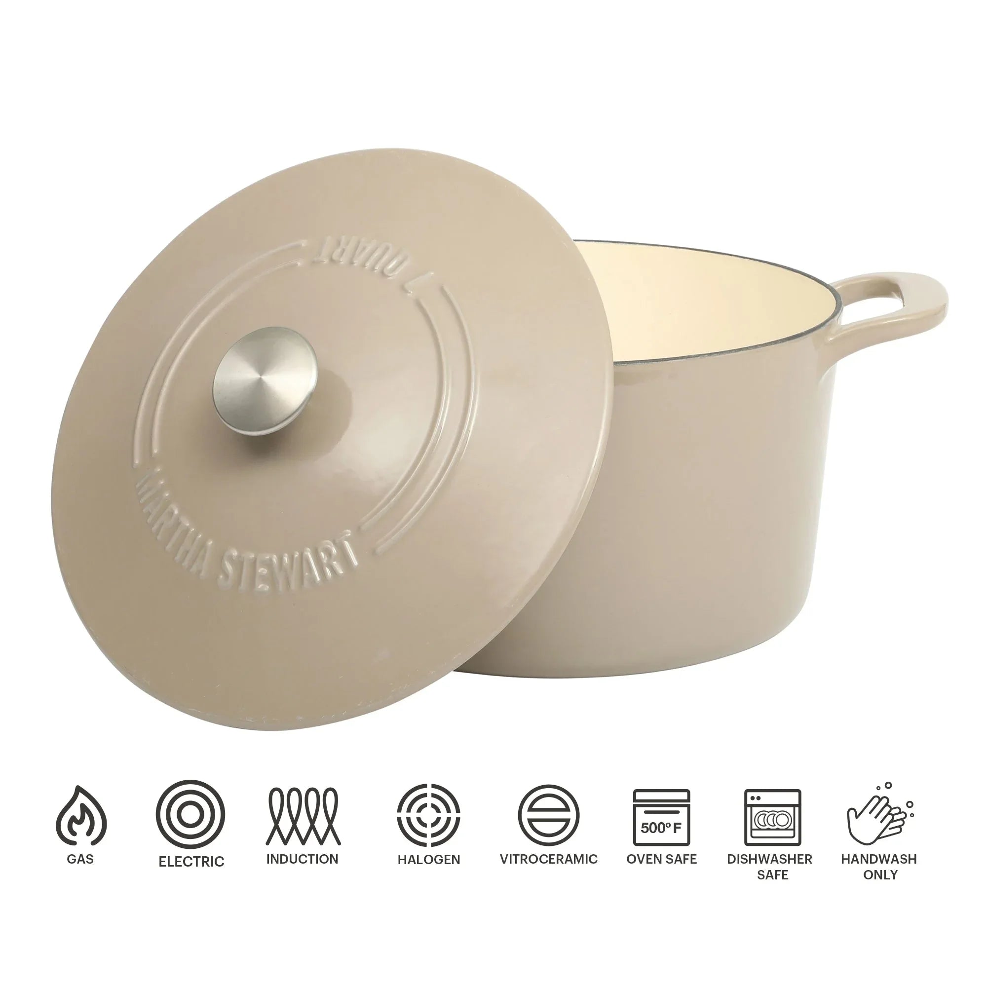 Martha Stewart Everyday Eastwick 7 Quart Enamel on Cast Iron Dutch Oven Taupe - USA MEGA SHOP