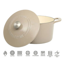 Enamel cast iron Dutch oven with knobbed lid, light taupe, side handles.